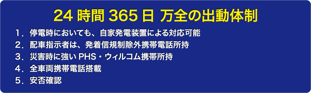 24時間365日 万全の出動体制停電時においても、自家発電装置による対応可能配車指示者は、発着信規制除外携帯電話所持災害時に強いPHS・ウィルコム携帯所持全車両携帯電話搭載安否確認